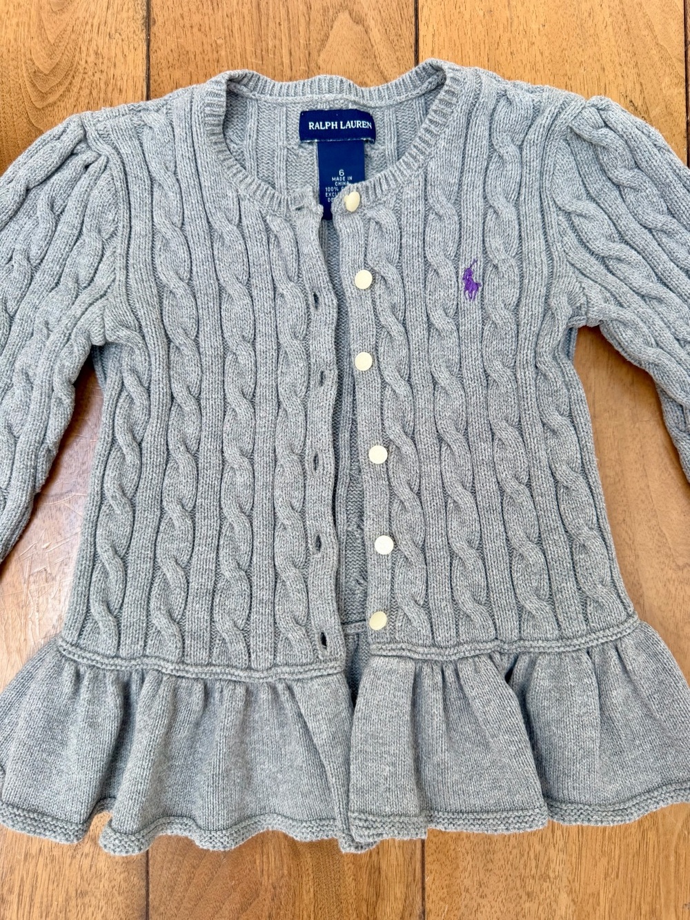 Ralph Lauren Girls Cable Knit Peplum Cardigan Gray Purple Pony Size 6 Cotton